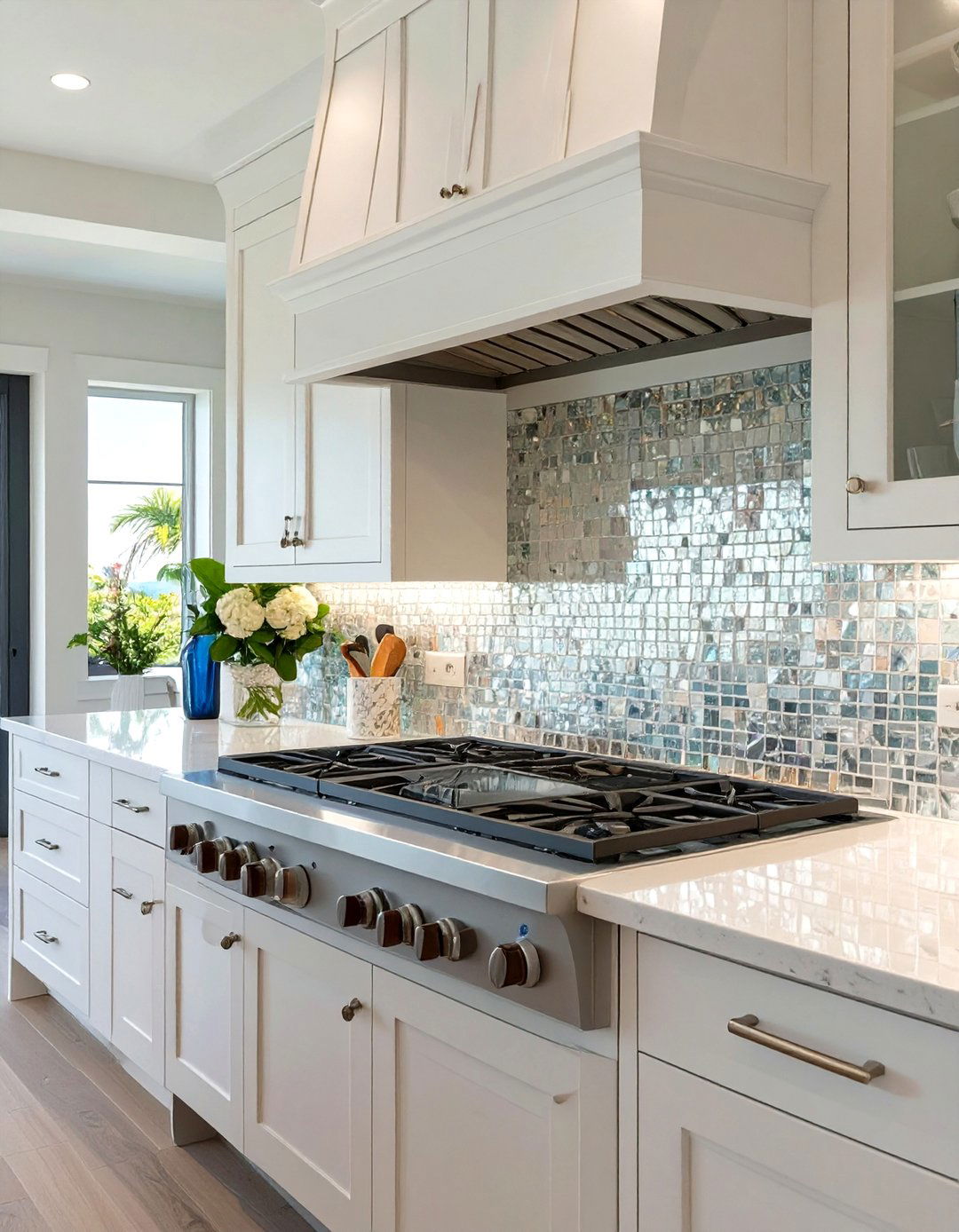 Shimmering Mother of Pearl Backsplash - 30 white cabinet kitchen backsplash ideas