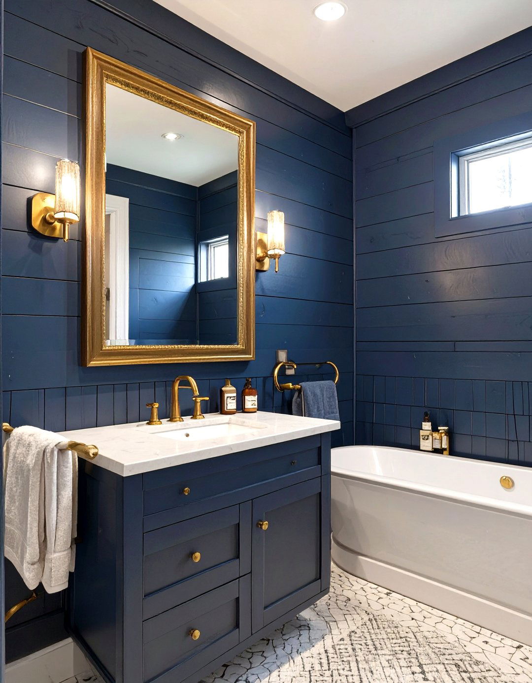 Shiplap Bathroom with Brass Fixtures - 30 shiplap bathroom ideas