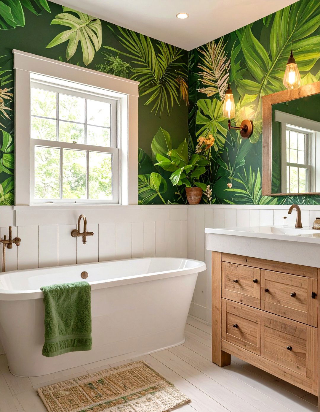 Shiplap Paired with a Bold Wallpaper - 30 shiplap bathroom ideas