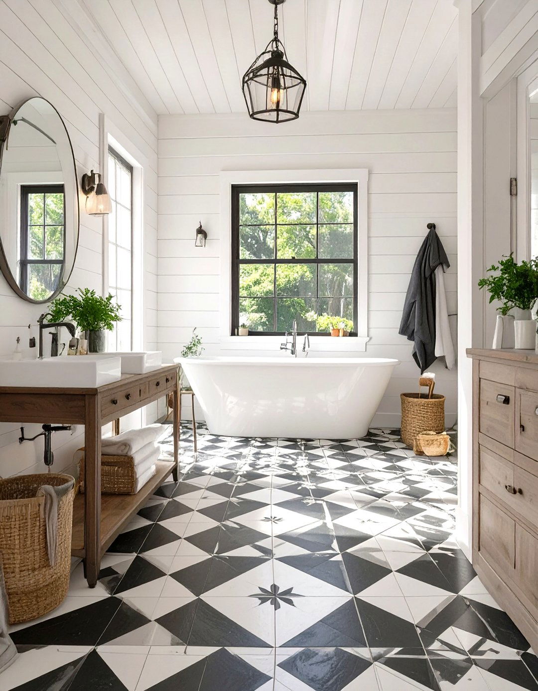 Shiplap Paired with a Patterned Floor Tile - 30 shiplap bathroom ideas