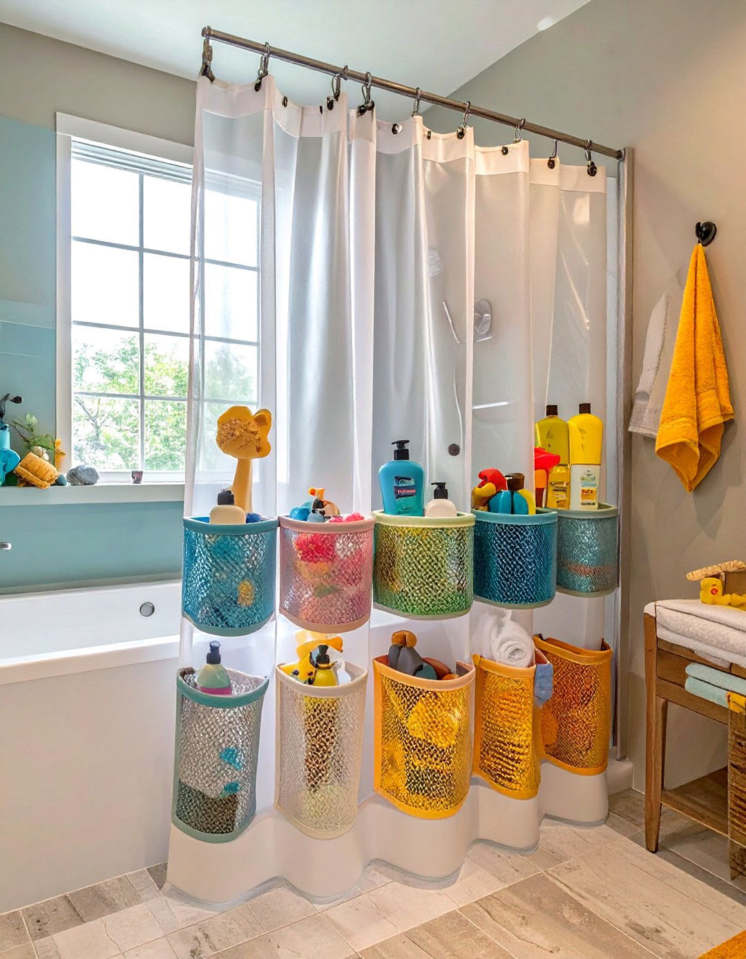 Shower Curtain with Organizer Pockets - 30 shower organizer ideas