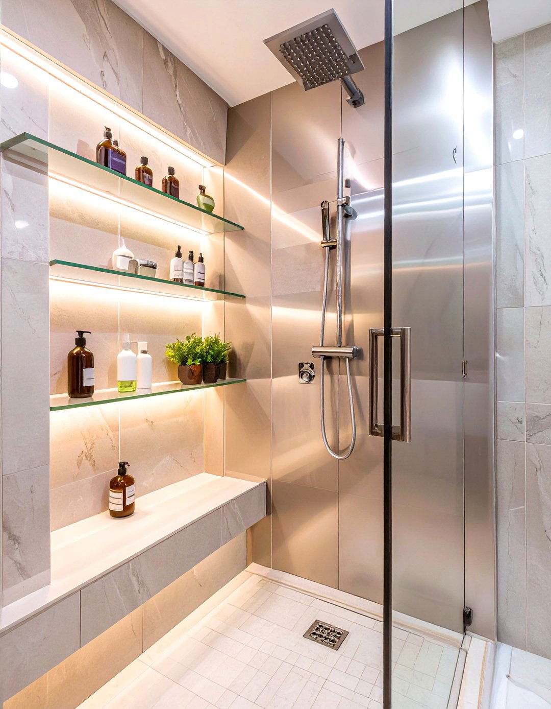 Shower Panel with Integrated Shelving Organizer - 30 shower organizer ideas