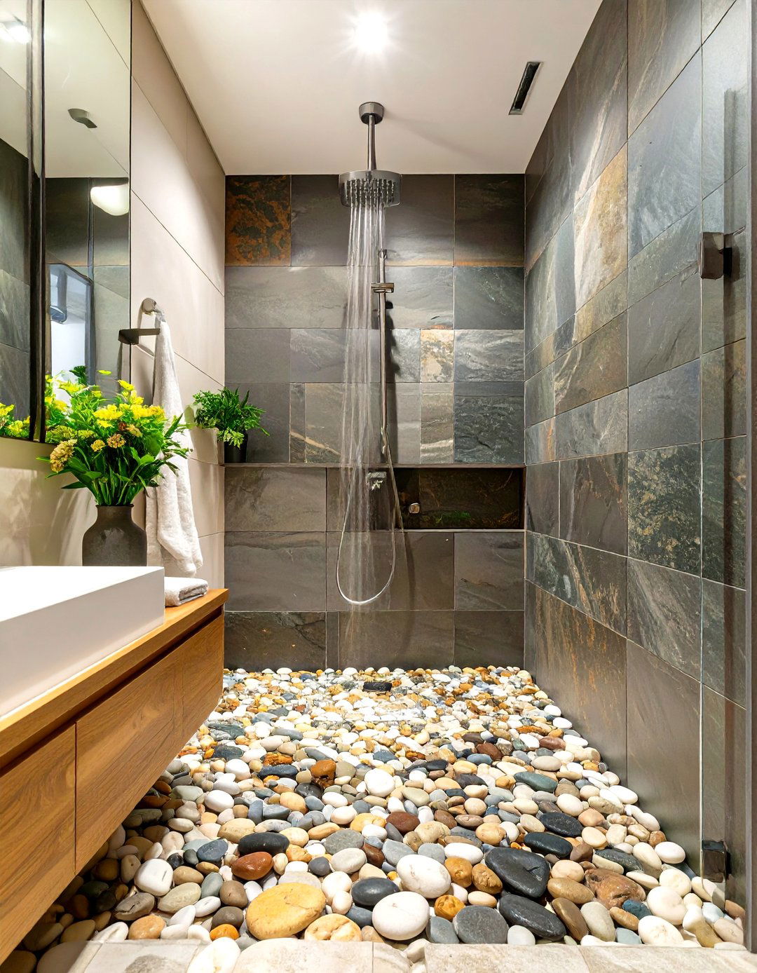 Shower Stall with a Pebble Floor - 30 shower stall ideas