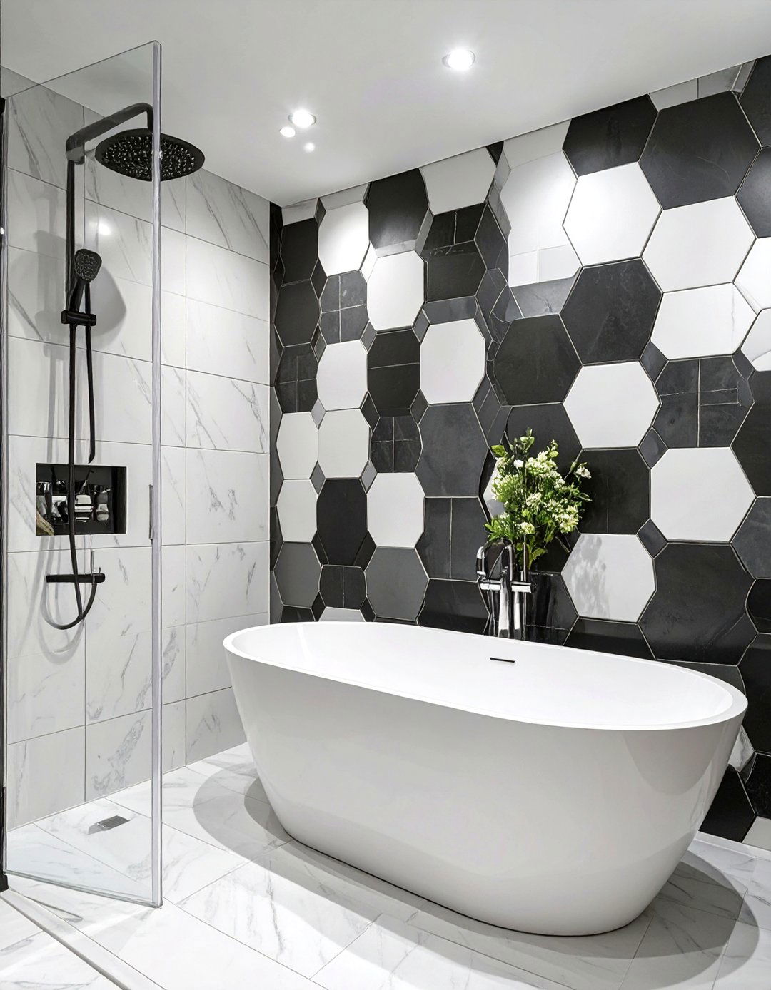 Shower and Tub with Contrasting Tile Patterns - 30 shower and tub ideas