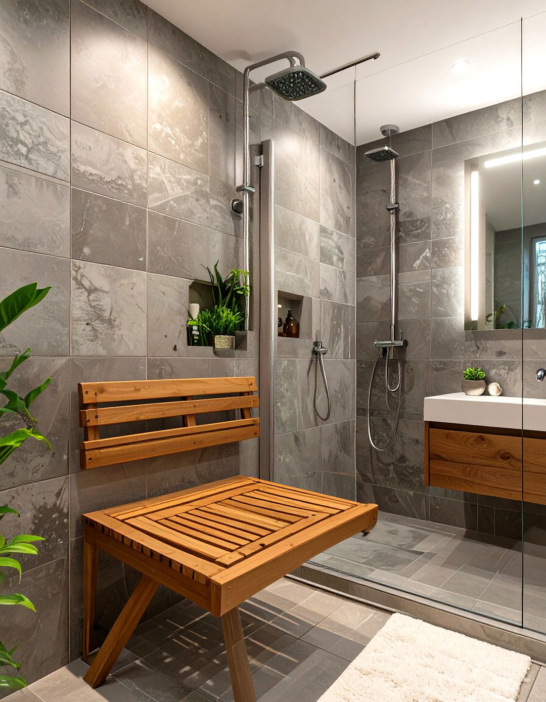 Shower with a Fold Down Teak Bench - 30 tub to shower conversion ideas