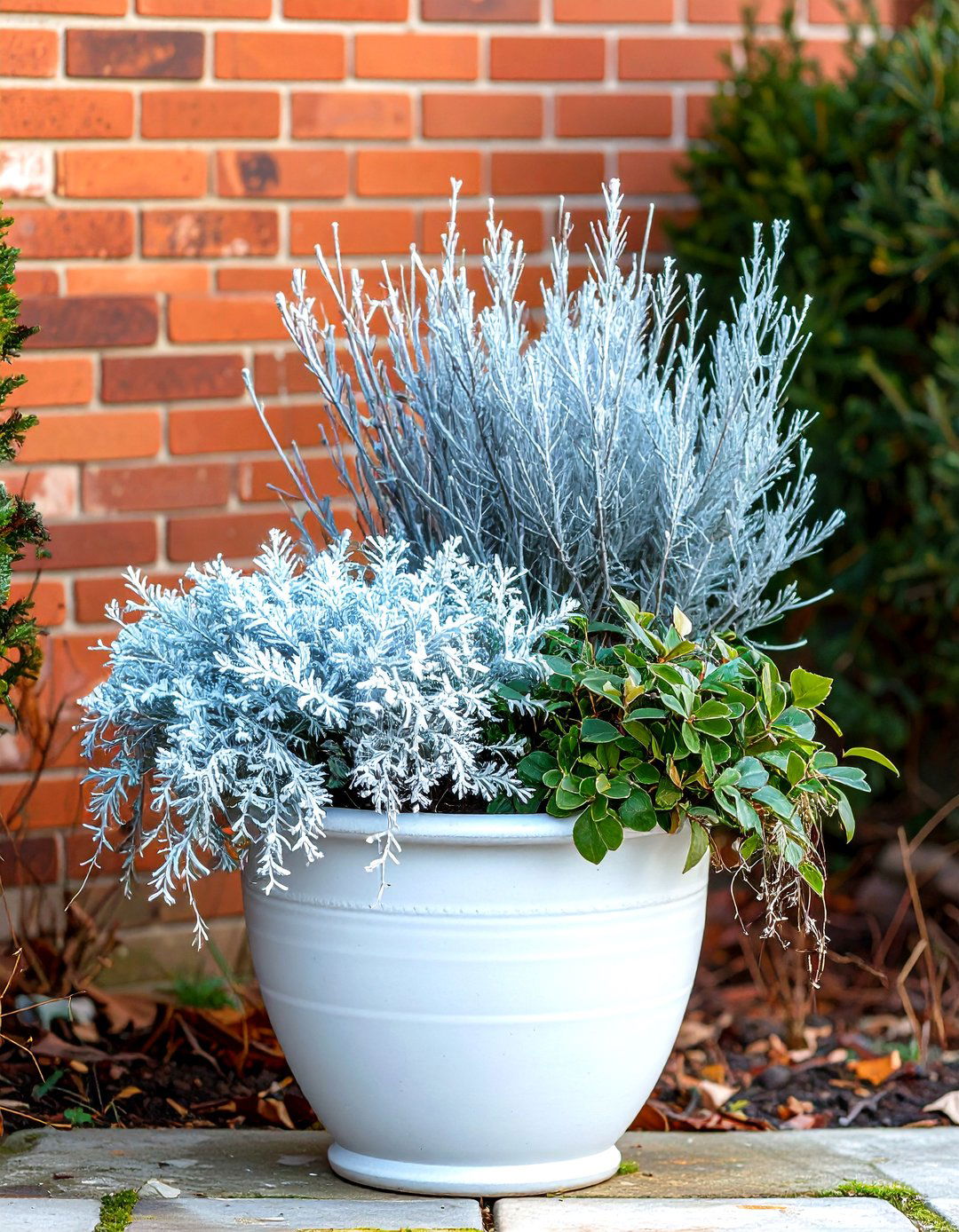Silver and White Toned Winter Planter - 30 outdoor winter planter ideas