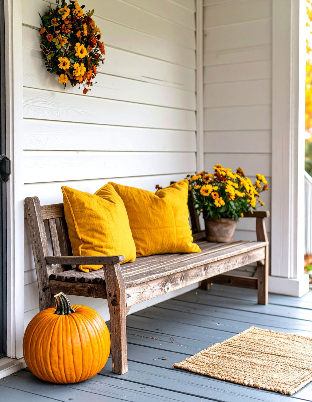 Simple Bench with Pillows - 30 small front porch fall decorating ideas