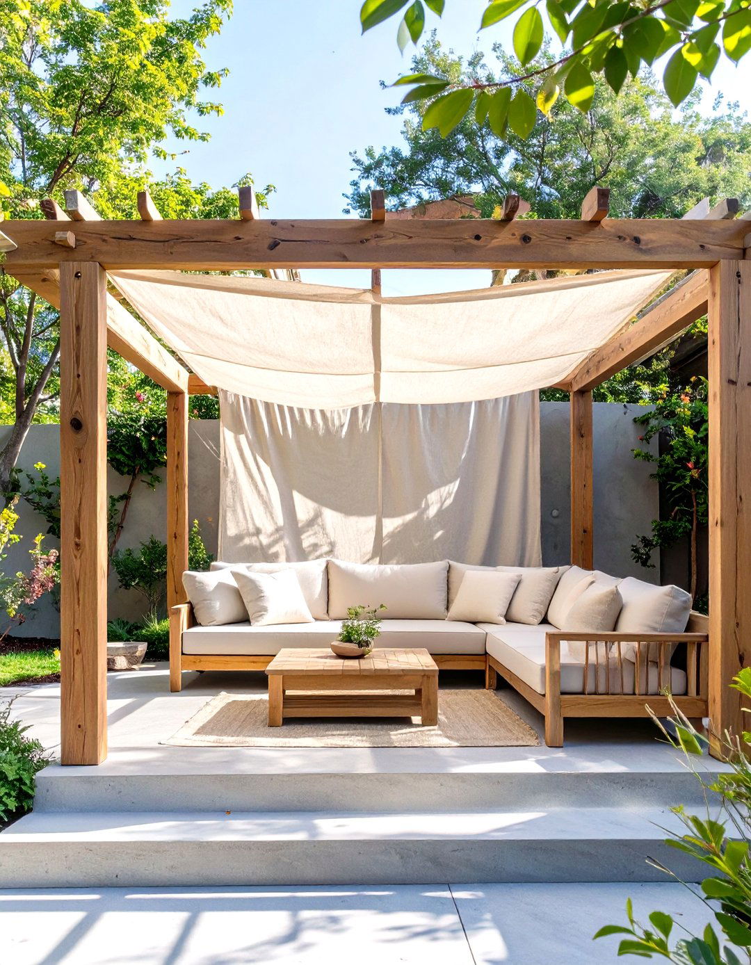 Simple Pergola with Fabric Shade - 30 concrete patio ideas on a budget