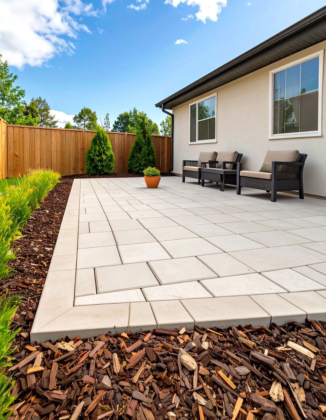 Simple Square Paver Patio with Mulch Border - 30 small cheap patio paver ideas