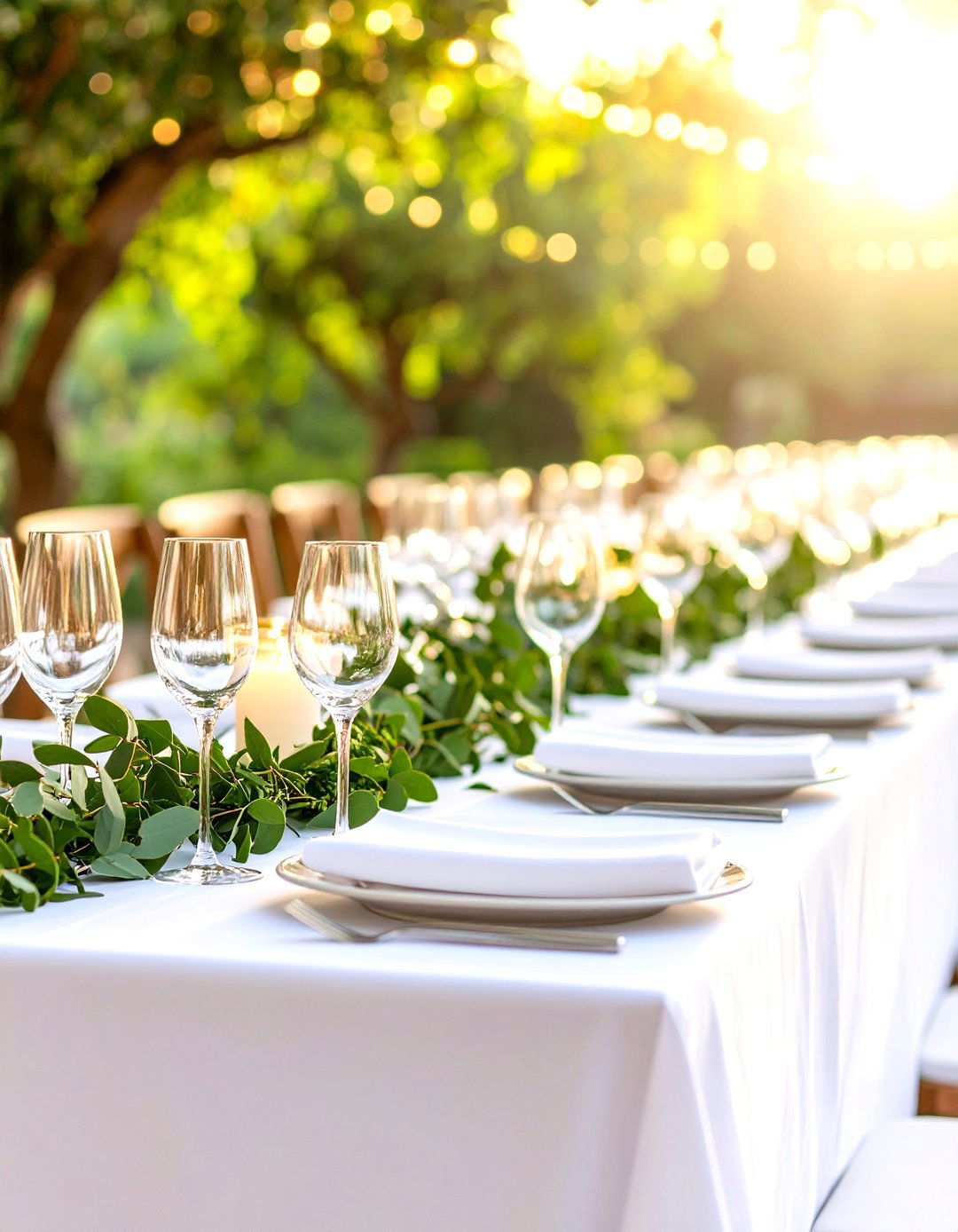 Simple White Tablecloth and Greenery - 30 outdoor table decor ideas