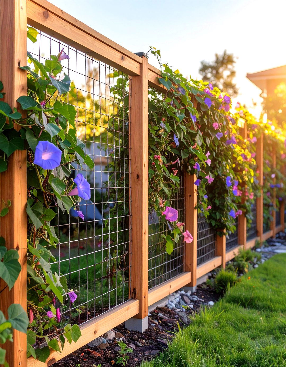 Simple Wire Mesh and Wood Frame Fence - 30 cheap front yard fence ideas