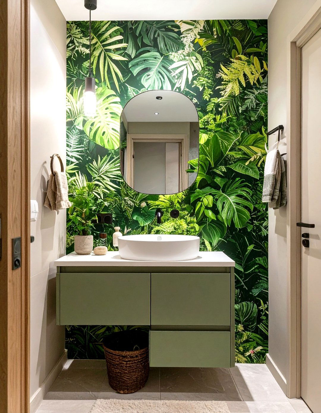 Single Accent Wall with Bold Wallpaper - 30 small bathroom inspo ideas