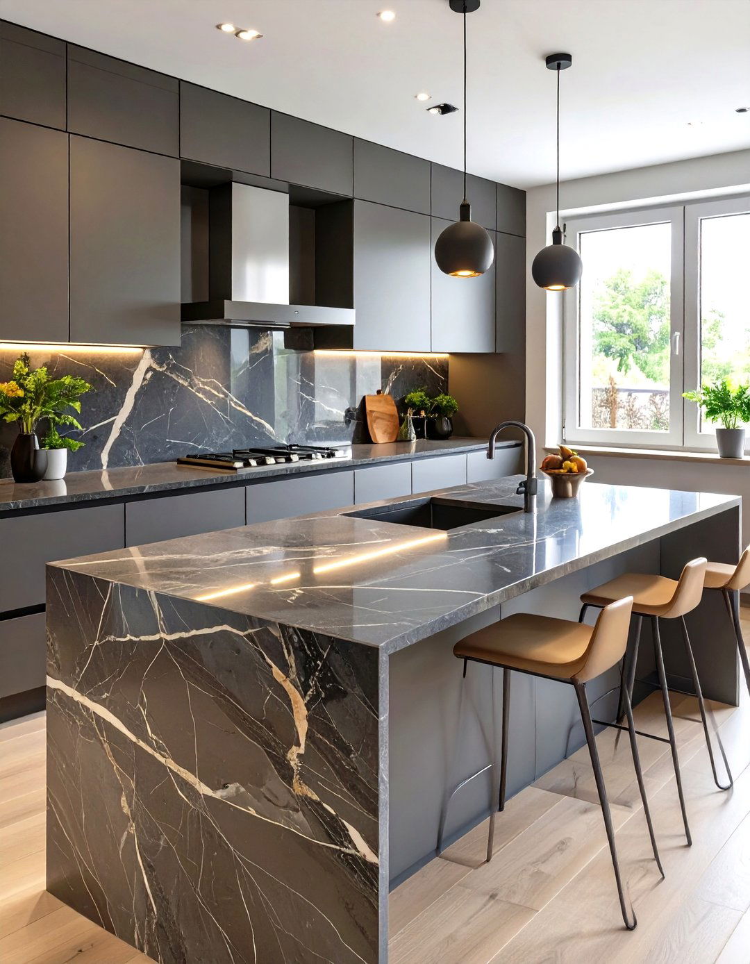 Single Slab Countertop and Backsplash Combination - 30 small kitchen trends 2025