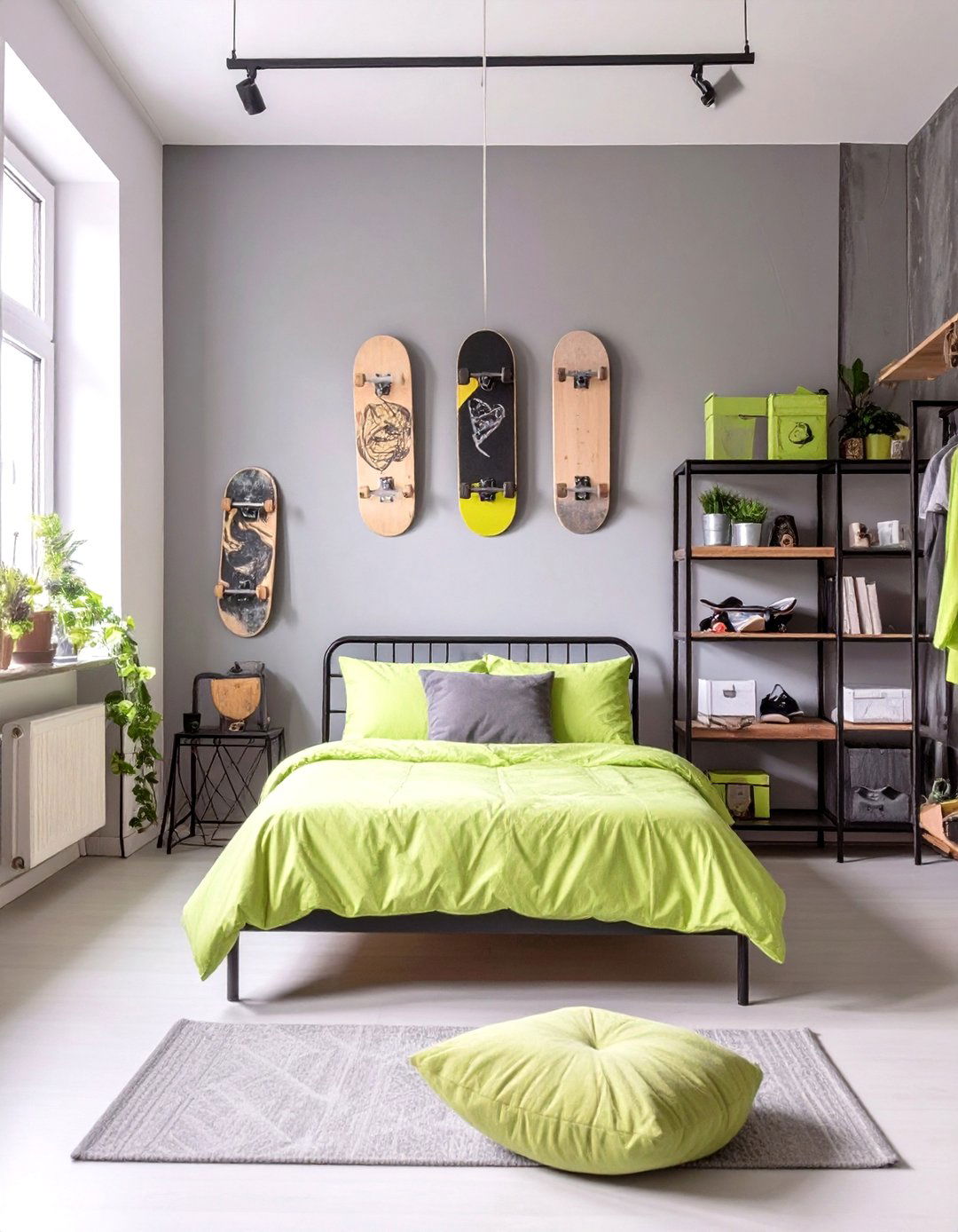 Skater Themed Gray and Green Boys Room - 30 boys room color ideas