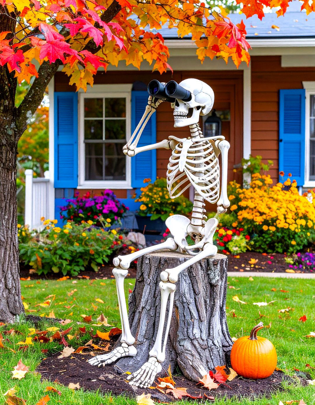 Skeleton Bird Watcher with Binoculars - 30 outdoor skeleton decoration ideas