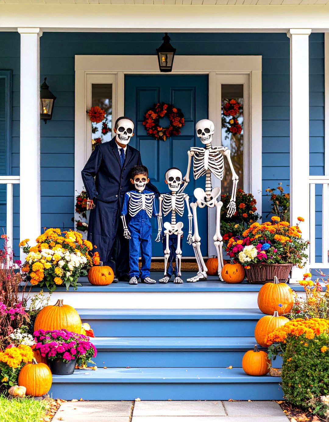 Skeleton Family Portrait on the Porch - 30 outdoor skeleton decoration ideas