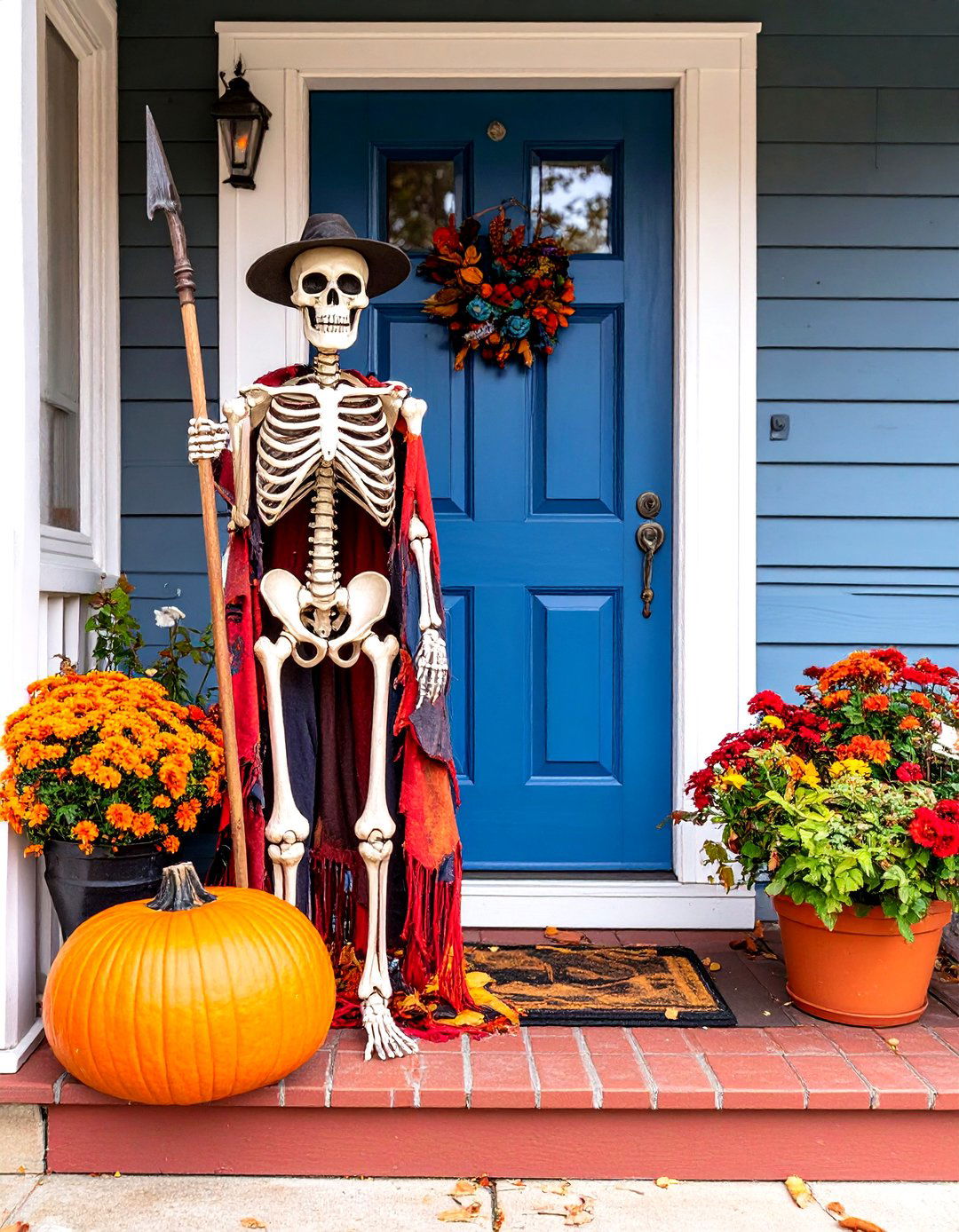 Skeleton Guarding the Front Door - 30 outdoor skeleton decoration ideas