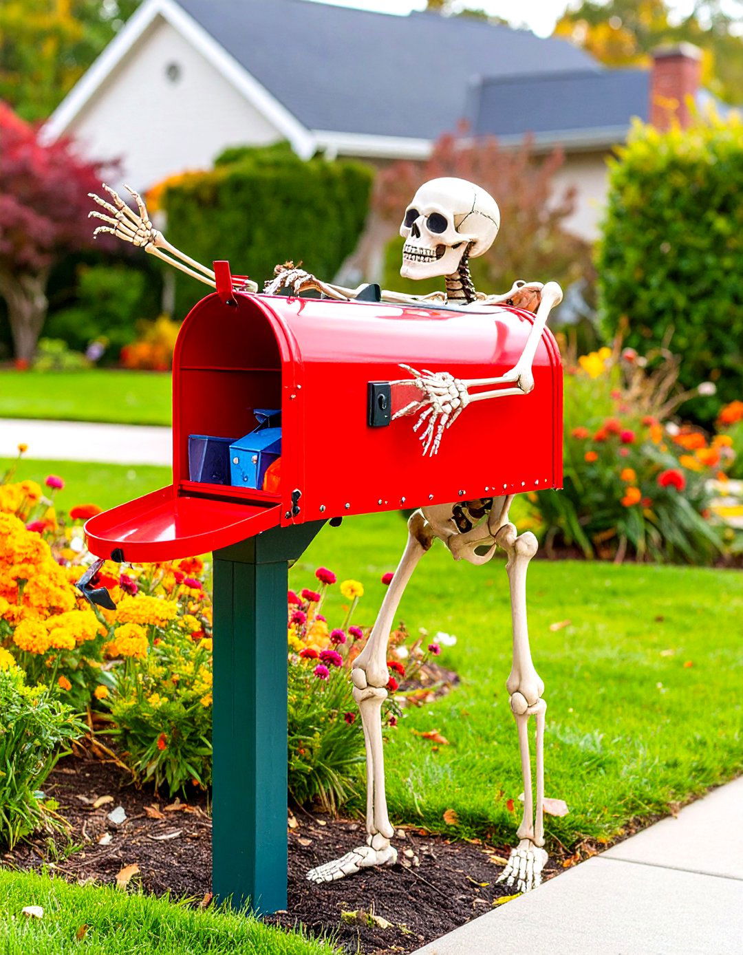 Skeleton Mailbox Mishap - 30 outdoor skeleton decoration ideas