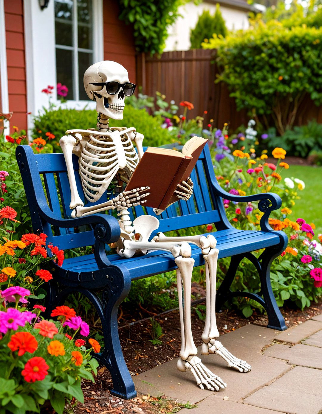 Skeleton Reading a Book on a Bench - 30 outdoor skeleton decoration ideas