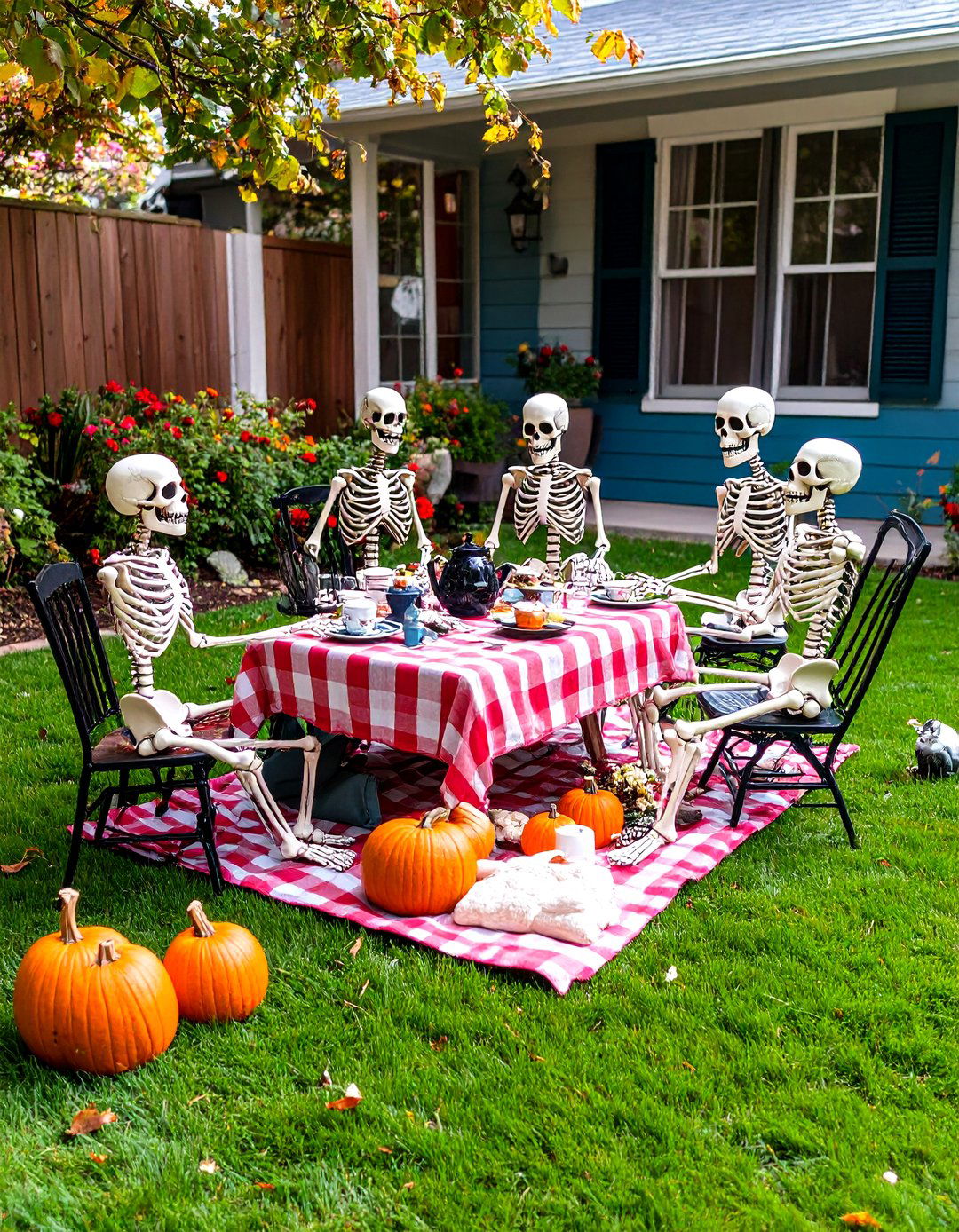 Skeleton Tea Party on the Lawn - 30 outdoor skeleton decoration ideas