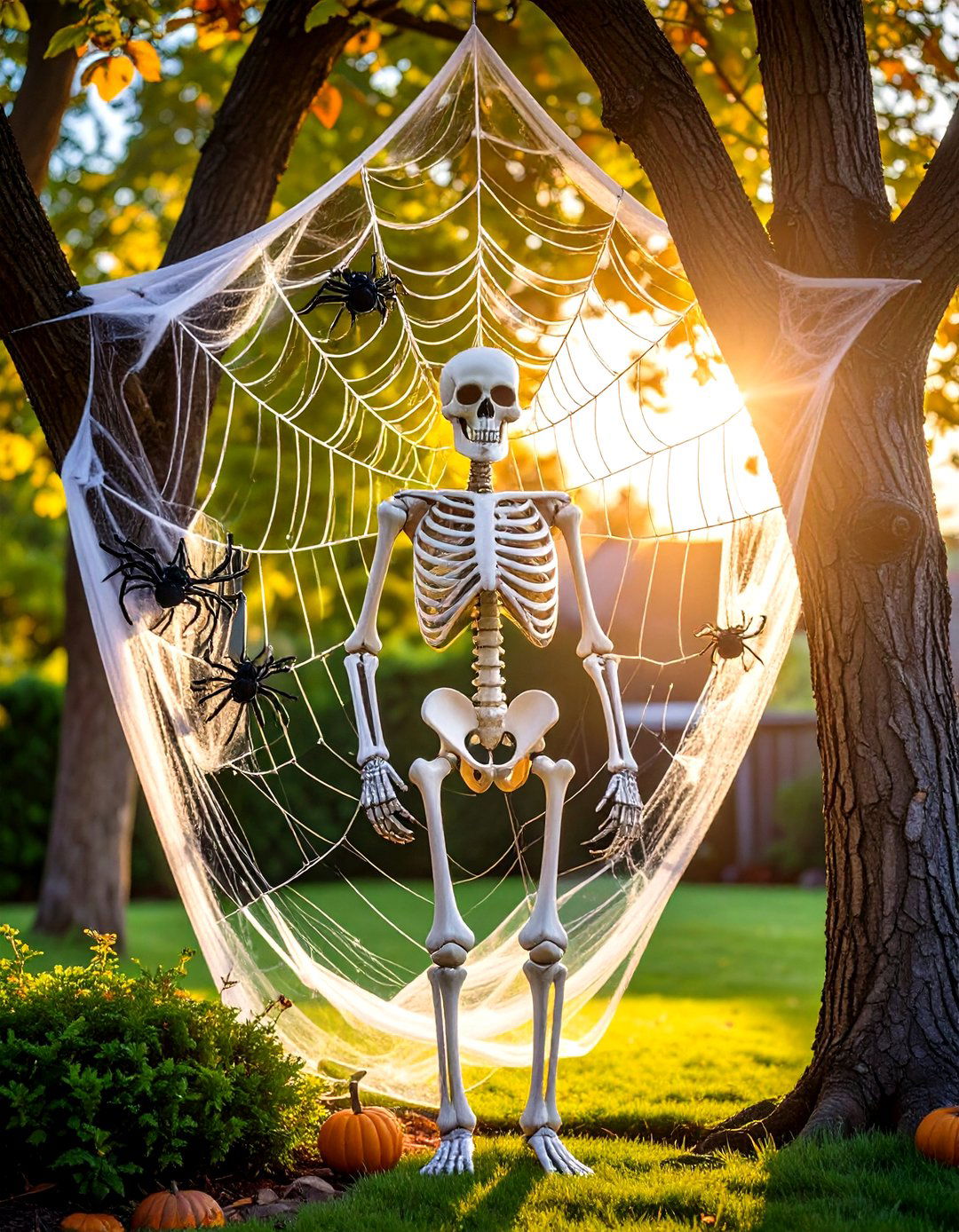 Skeleton Trapped in a Spider Web - 30 outdoor skeleton decoration ideas