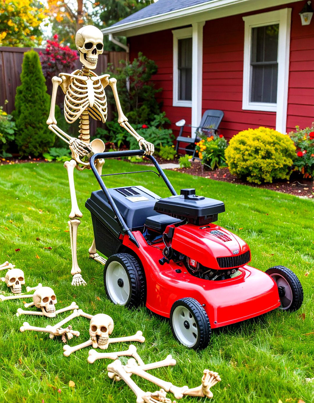 Skeleton Trying to Mow the Lawn - 30 outdoor skeleton decoration ideas