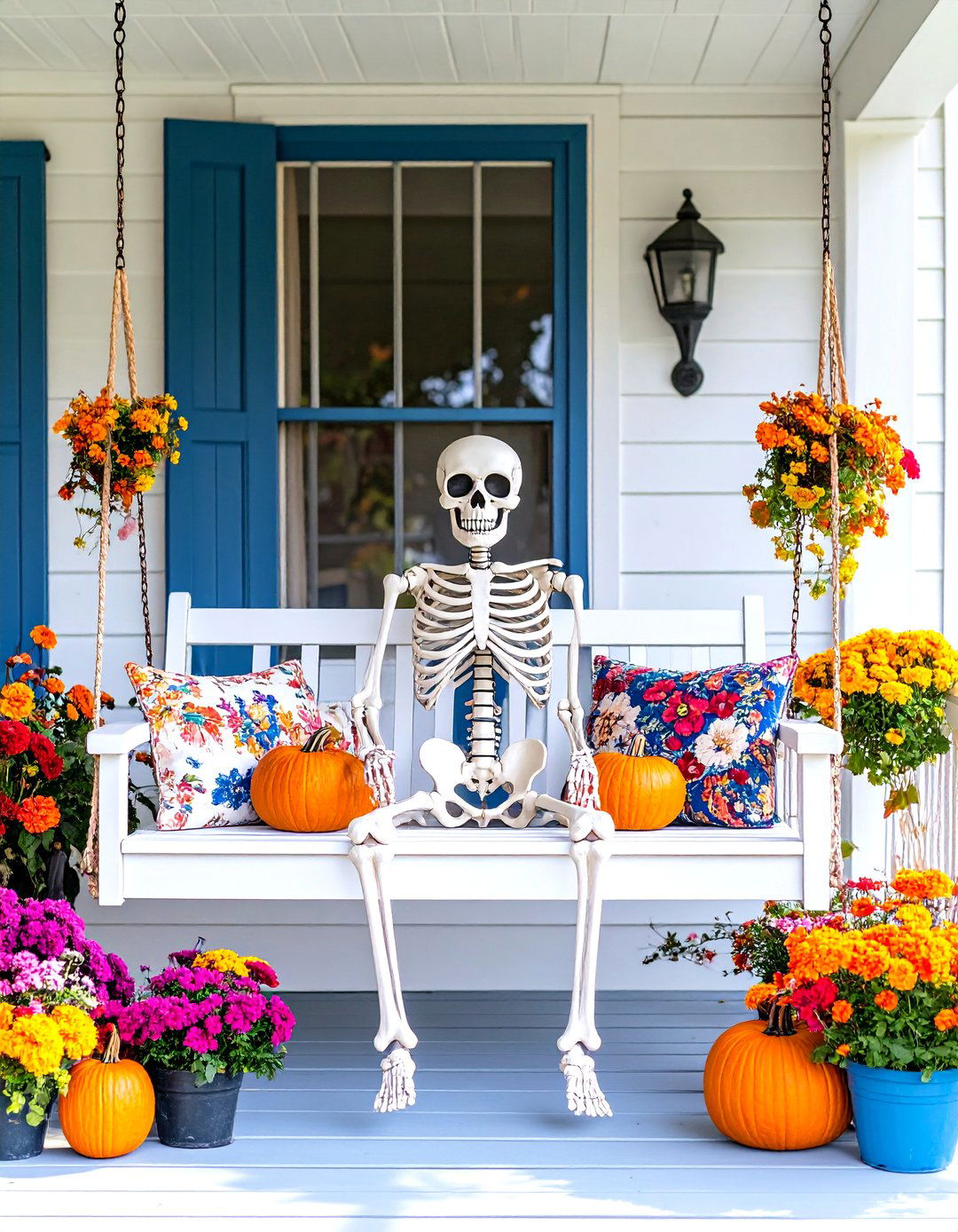 Skeleton Tucked into a Porch Swing - 30 outdoor skeleton decoration ideas