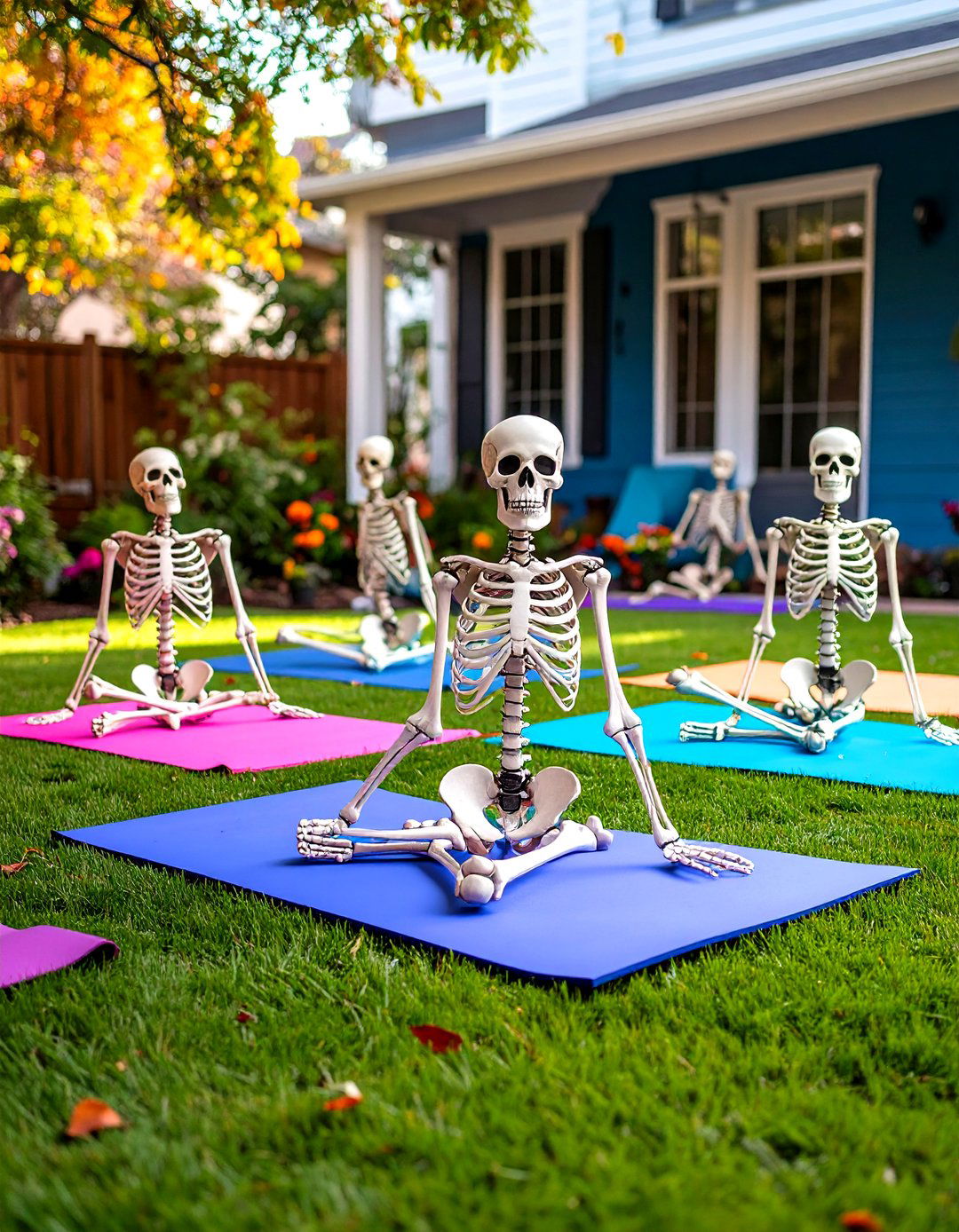Skeleton Yoga Class on the Lawn - 30 outdoor skeleton decoration ideas