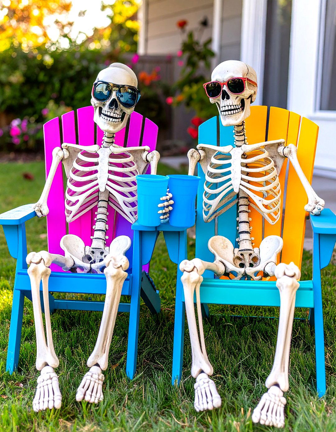 Skeletons Lounging in Lawn Chairs - 30 outdoor skeleton decoration ideas