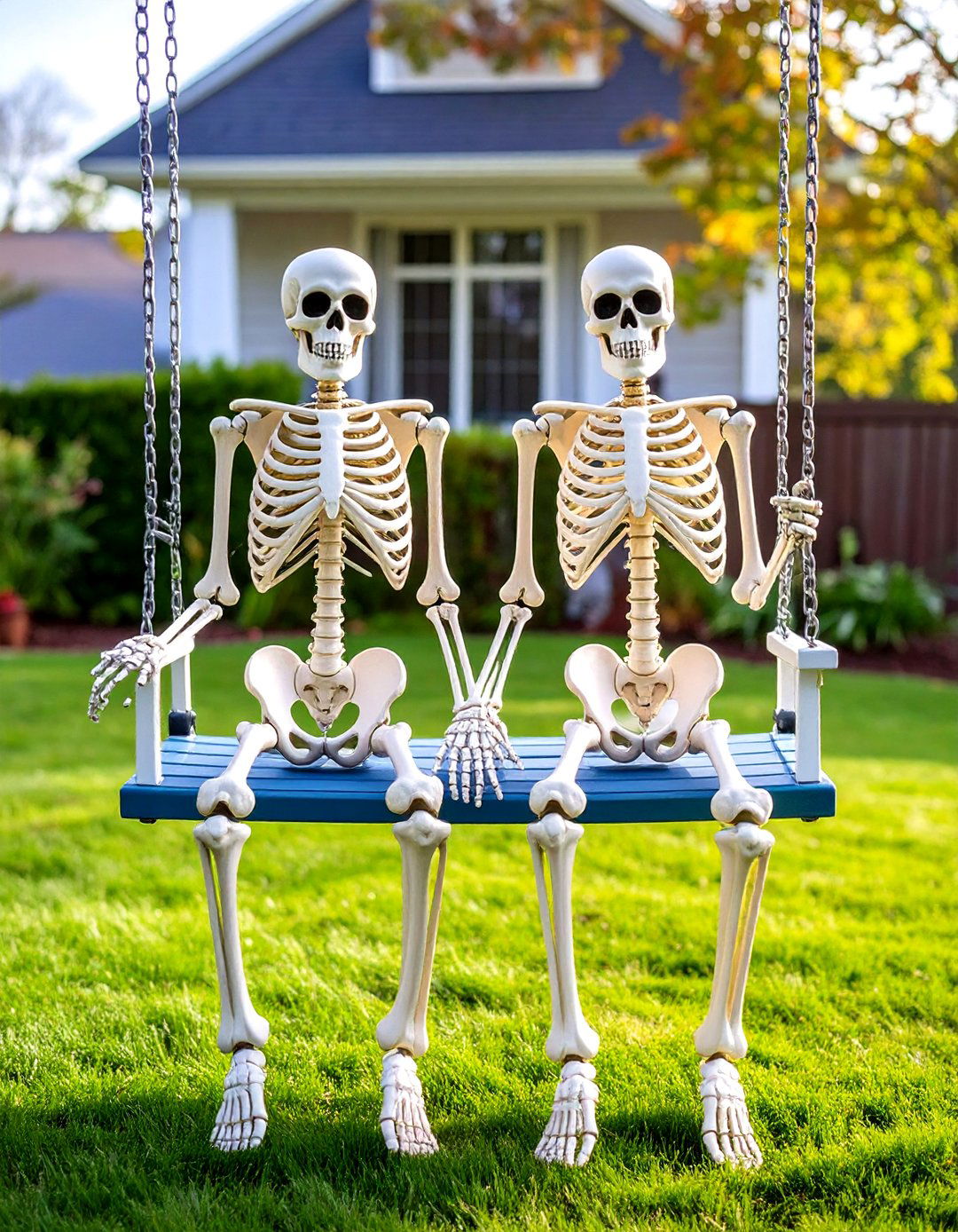 Skeletons Playing on a Swing Set - 30 outdoor skeleton decoration ideas
