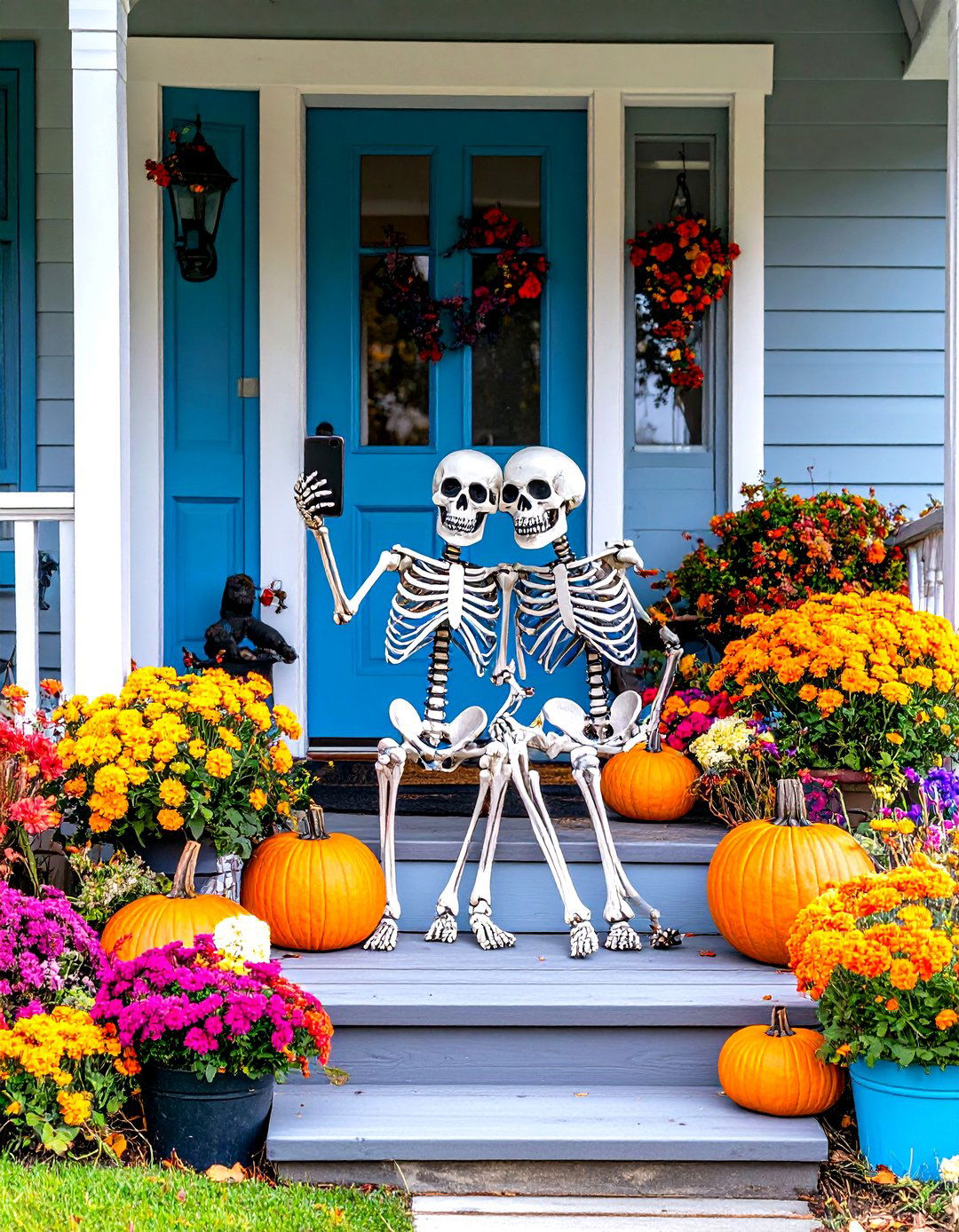 Skeletons Taking a Selfie - 30 outdoor skeleton decoration ideas