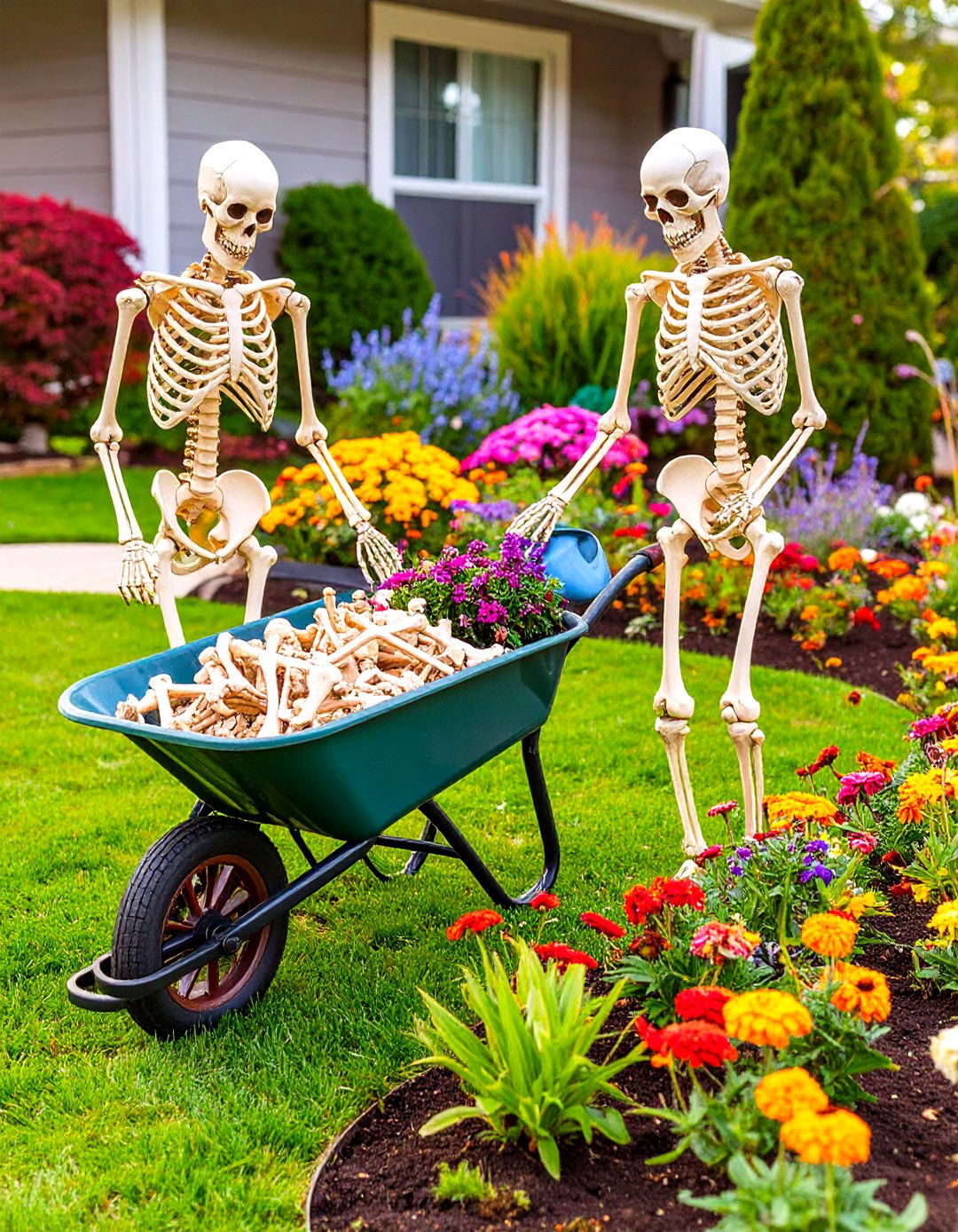 Skeletons Working in the Garden - 30 outdoor skeleton decoration ideas