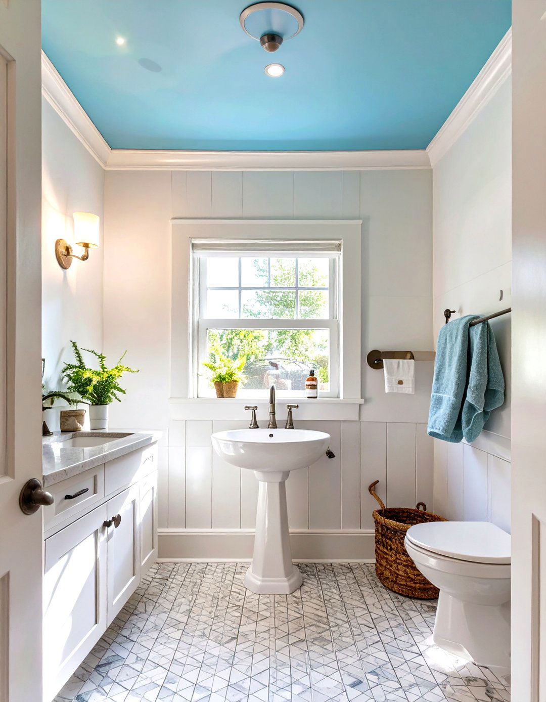 Sky Blue Ceiling for an Illusion of Height - 30 small bathroom bathroom color ideas