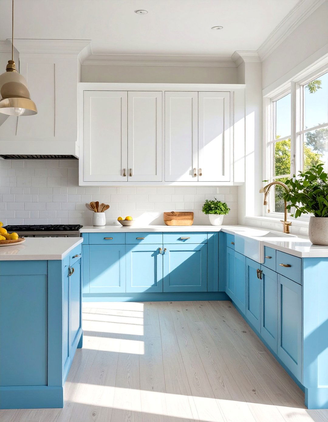 Sky Blue Lowers with Crisp White Uppers - 30 two tone kitchen cabinet ideas