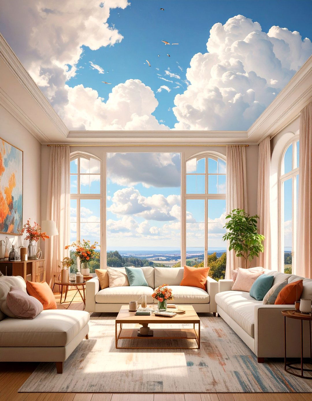 Sky Inspired Mural Ceiling - 30 ceiling ideas for living room