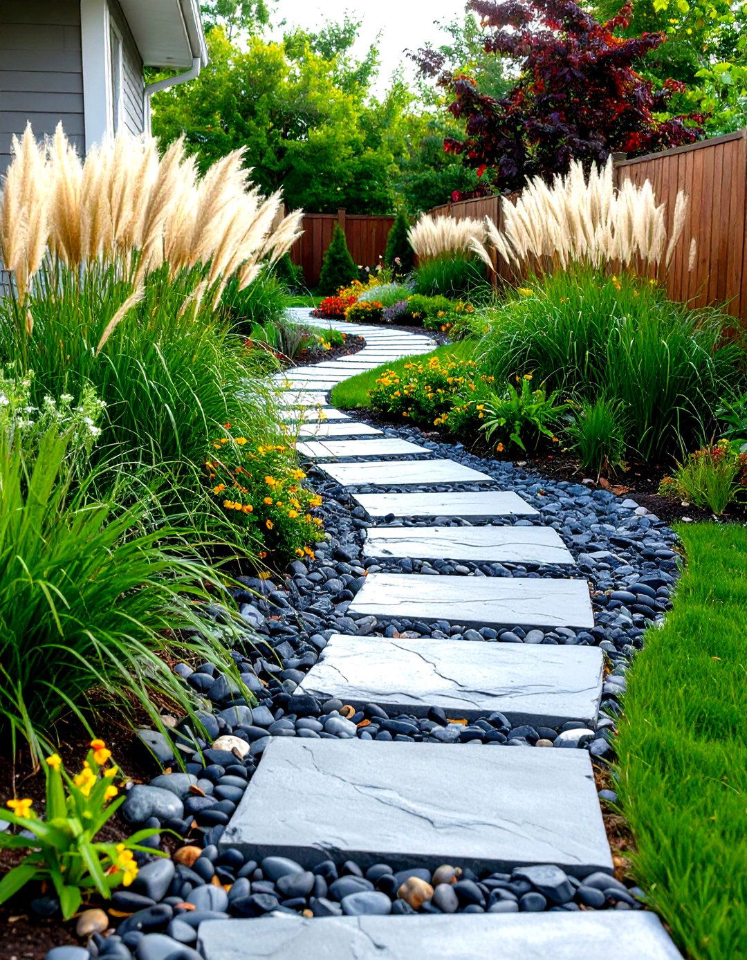 Slate Chip and Grasses Landscape - 30 front yard landscaping ideas with rocks no grass