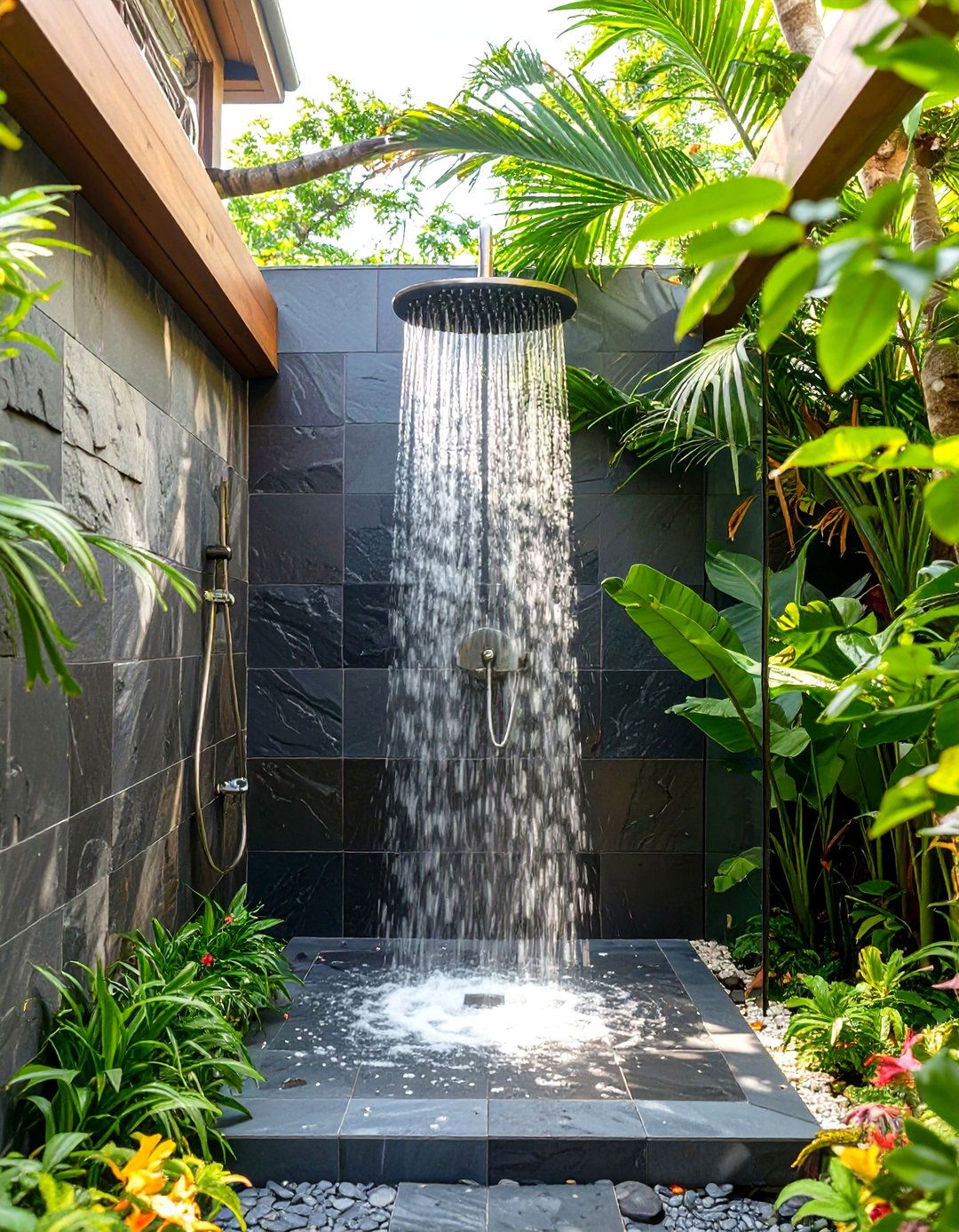 Slate Tile Wall and Floor - 30 rustic outdoor shower ideas