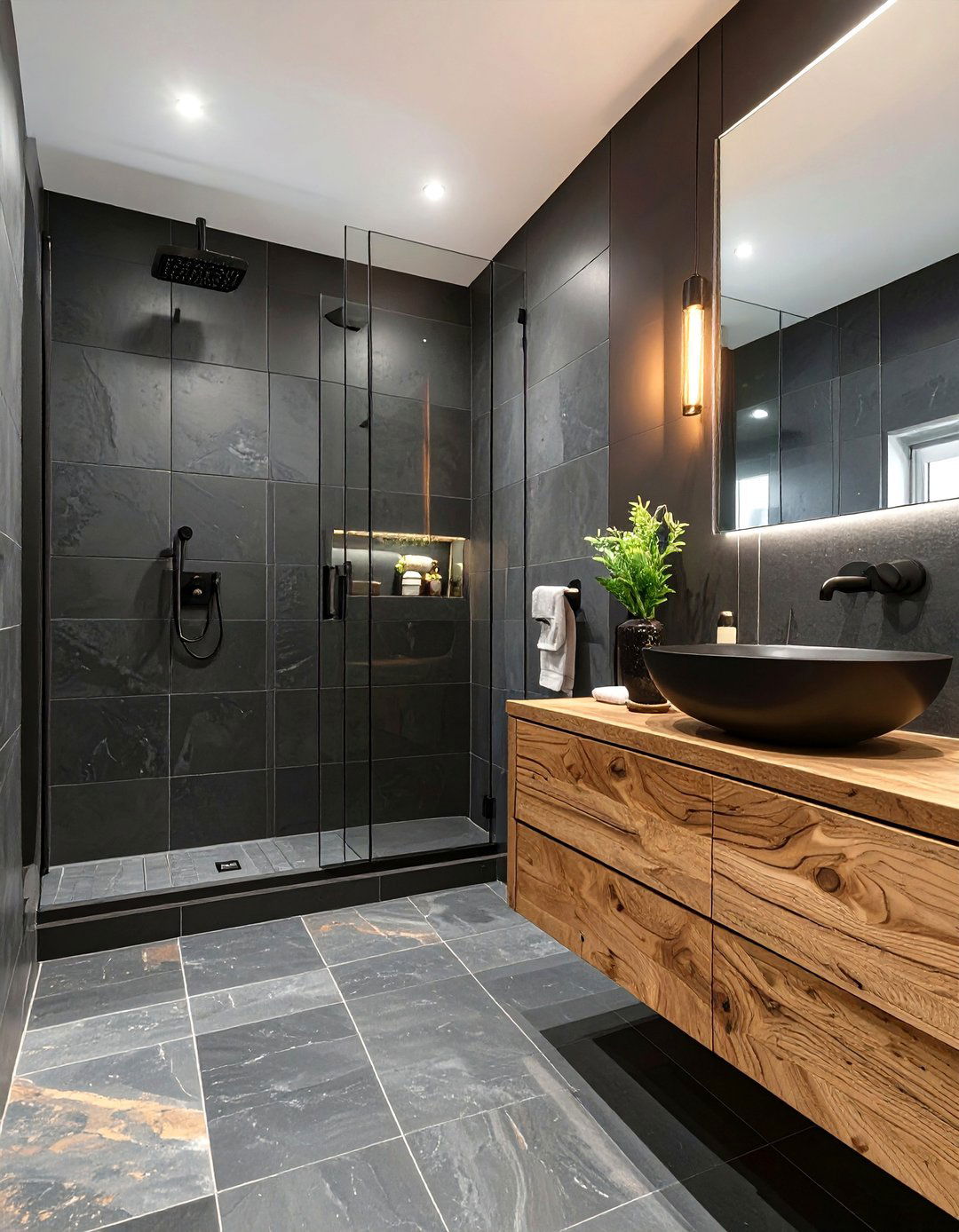 Slate and Natural Wood Bathroom - 30 mens bathroom ideas