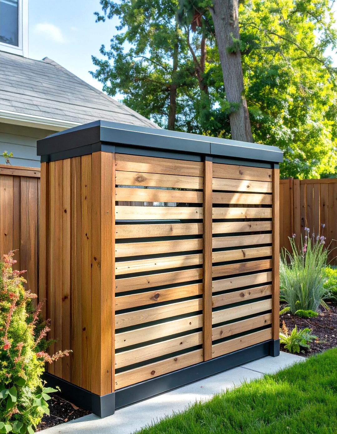 Slatted Wood Panel Garbage Can Screen - 30 outdoor garbage can storage ideas
