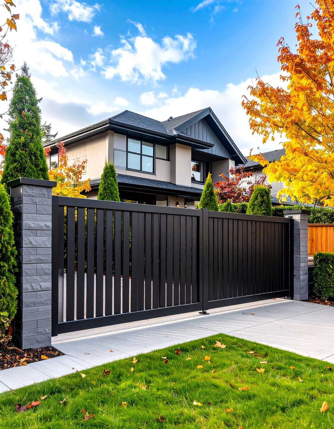 Sleek Aluminum Fence with Automated Sliding Gate - 30 front yard fence ideas with driveway