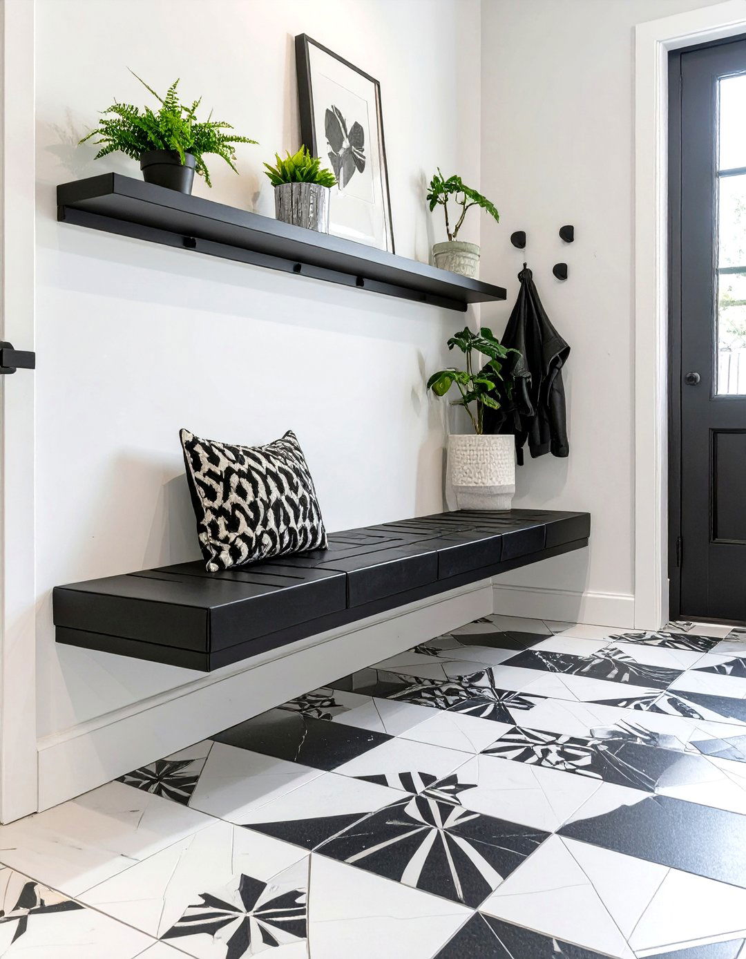 Sleek Black and White Modern Bench - 30 mudroom bench ideas