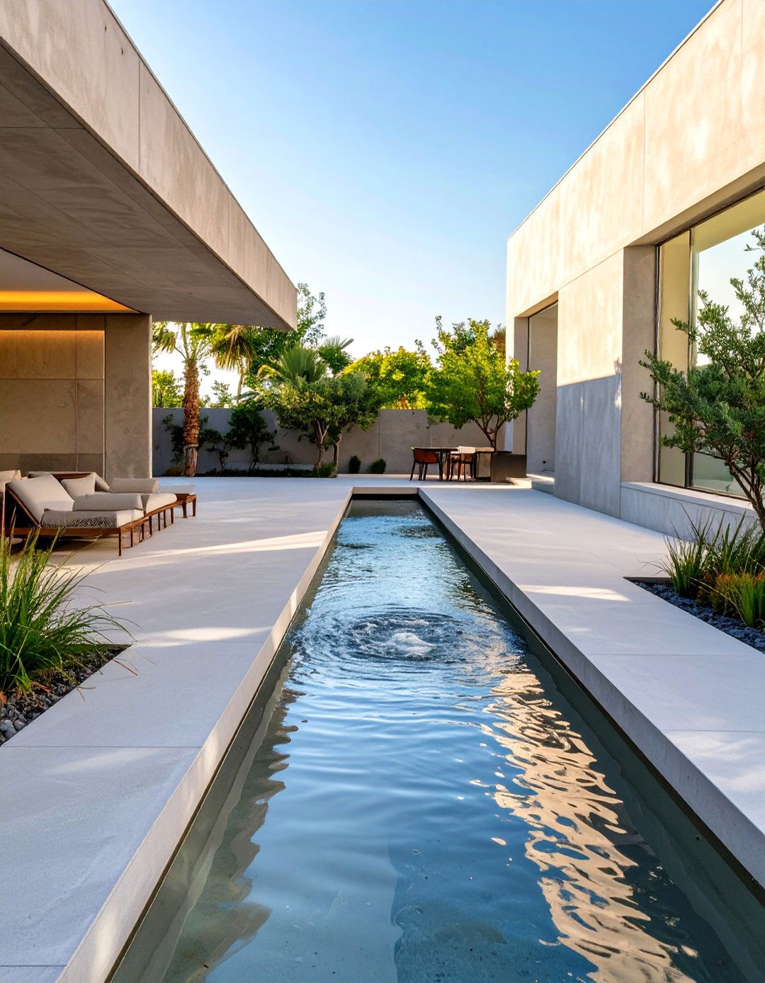 Sleek Cement Patio with a Water Channel Feature - 30 cement patio ideas