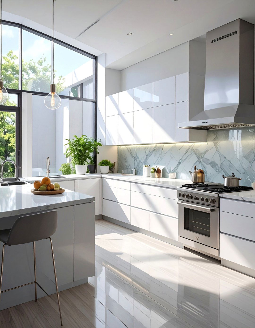 Sleek Gray Glass Sheet Backsplash - 30 backsplash ideas for white cabinets and quartz countertops