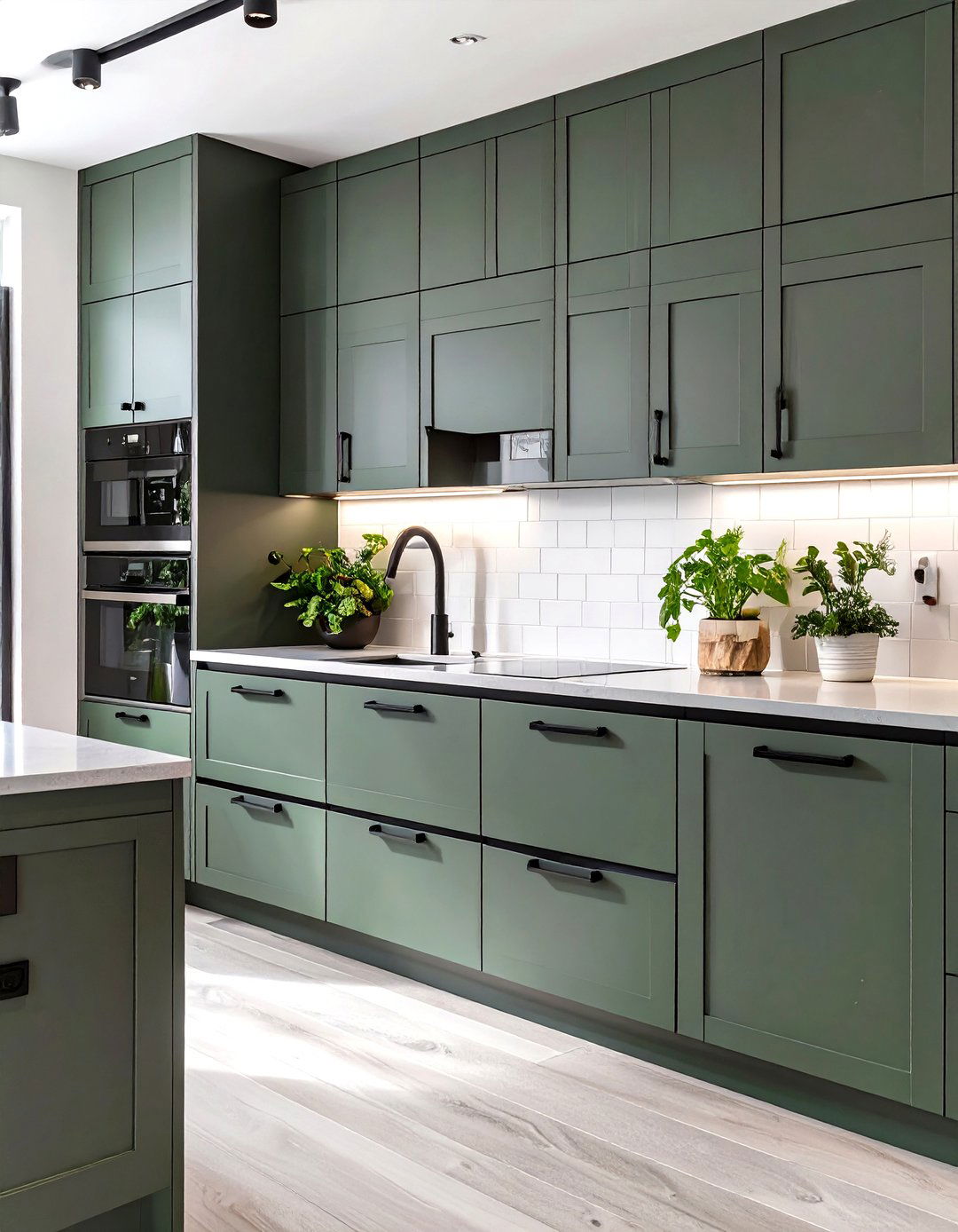 Sleek Kitchen with Pewter Green Cabinets and Black Accents - 30 green kitchen cabinets ideas