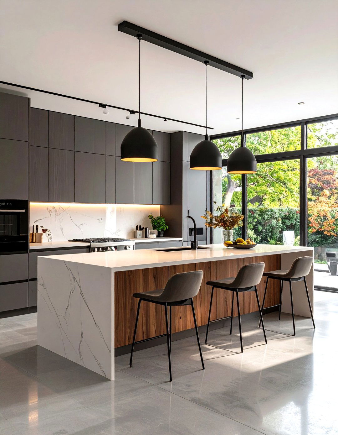 Sleek Linear Suspension in a Modern Kitchen - 30 kitchen island lighting ideas