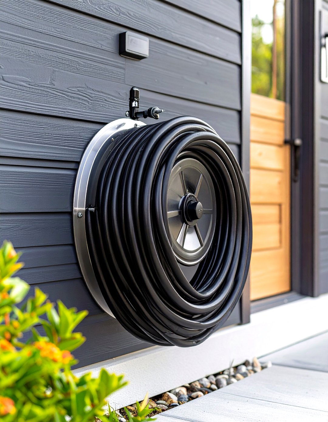 Sleek Stainless Steel Hose Reel - 30 garden hose storage ideas