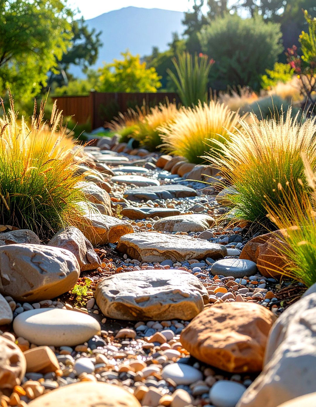 Sloped Dry Creek Bed for Drainage - 30 sloped backyard landscaping ideas