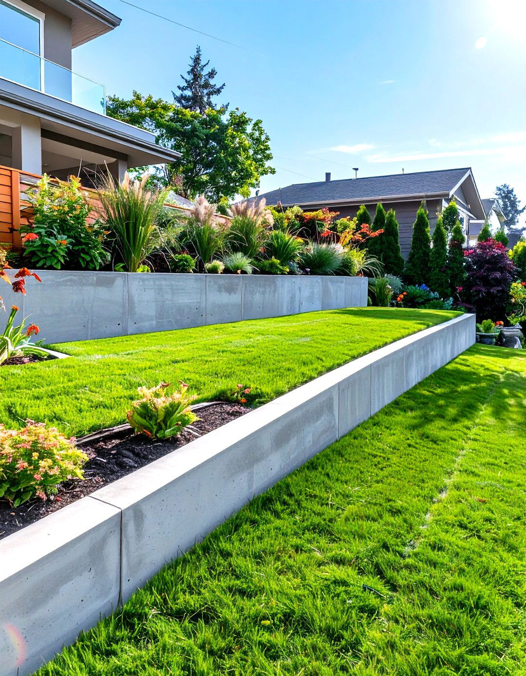 Sloped Lawn with Designated Flat Tiers - 30 sloped backyard landscaping ideas