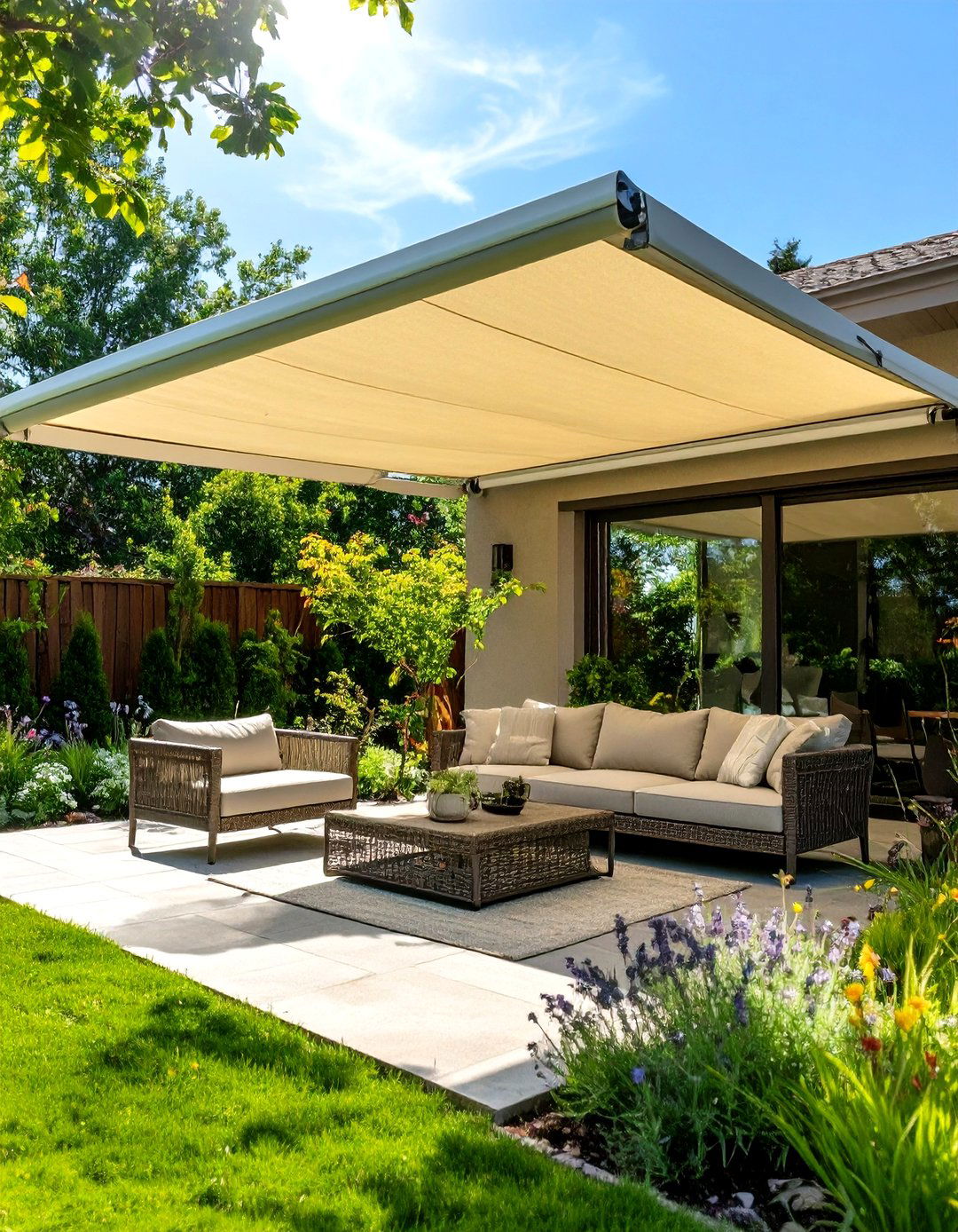 Small Backyard Patio with a Retractable Awning - 30 small back yard patio ideas