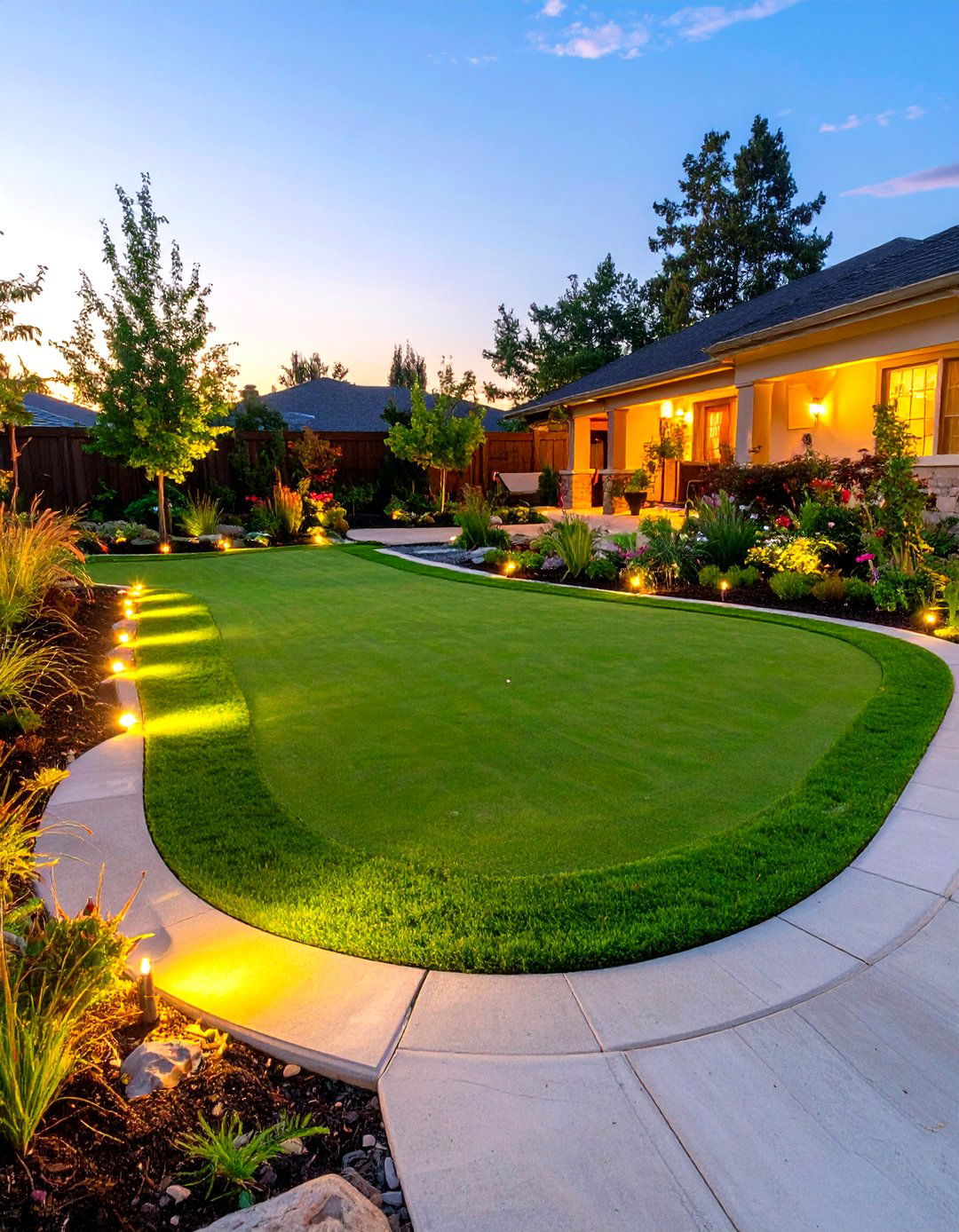 Small Backyard Putting Green with Landscape Lighting - 30 small backyard putting green ideas